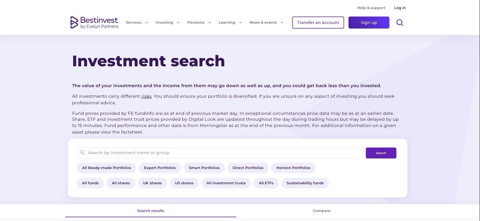 Search across funds, shares, ETFs and investment trusts