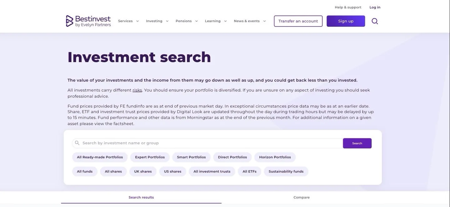 Search across funds, shares, ETFs and investment trusts