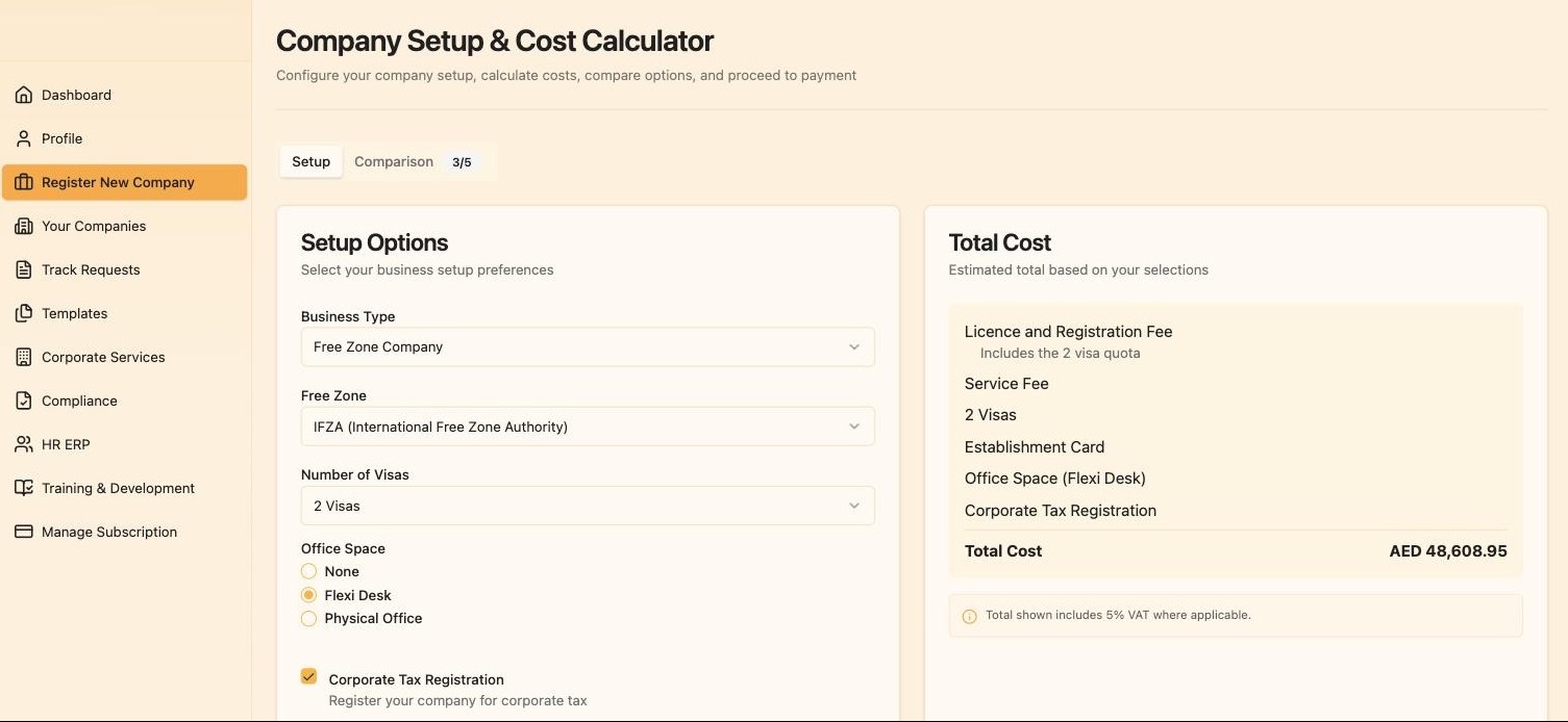Company setup and cost calculator, with live costs before you commit