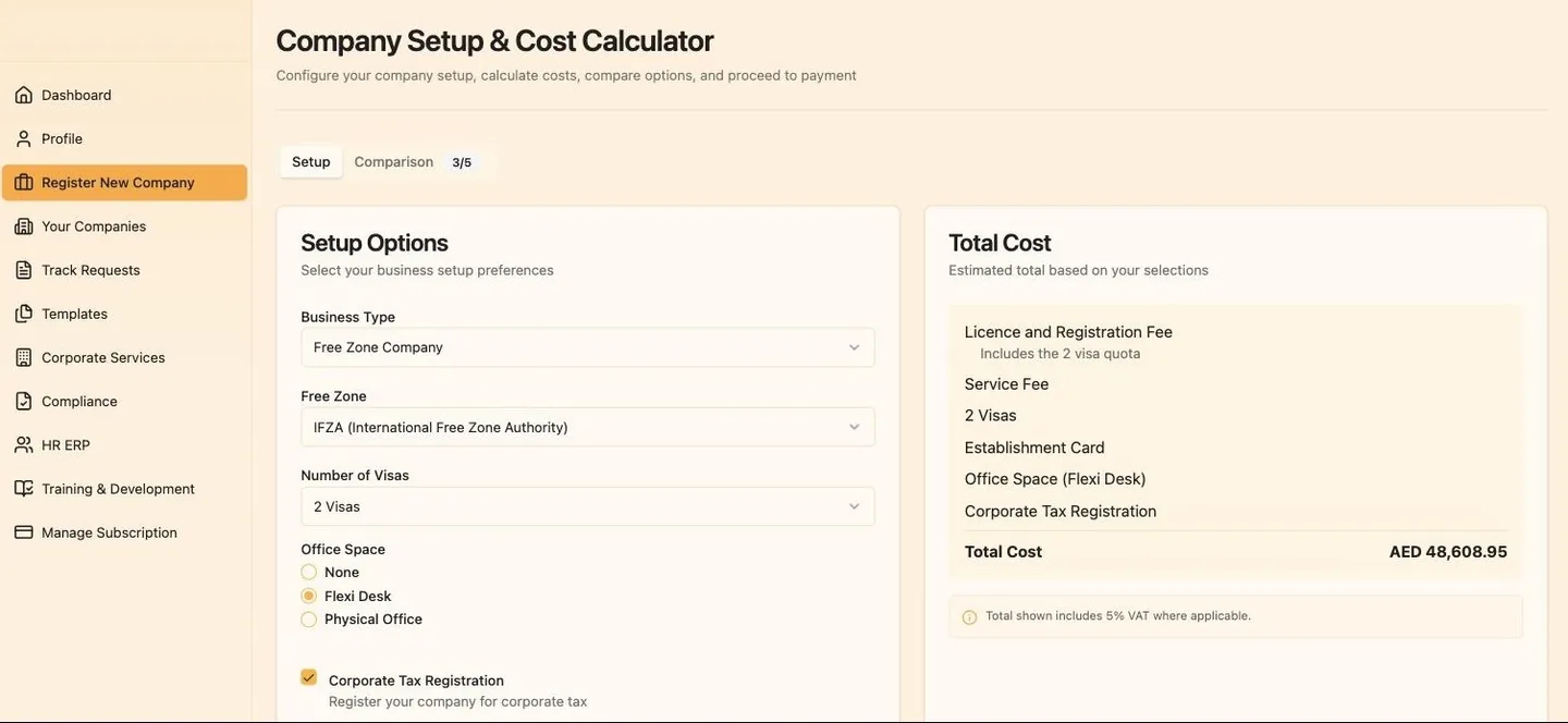 Company setup and cost calculator, with live costs before you commit