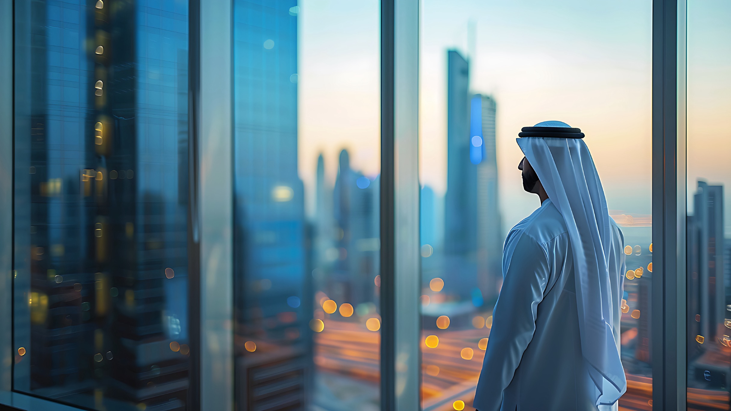 Businessman looking out over the Dubai skyline at dusk from a glass office
